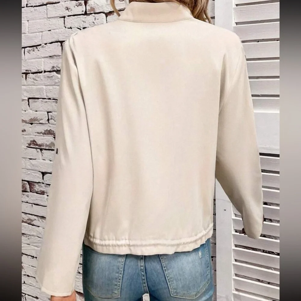 Flap Pocket Roll Tab Sleeve Drawstring Hem Zip Up Jacket cream - Picture 2 of 2